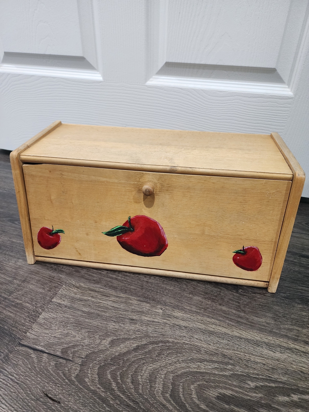Wooden Bread Box with Red Apple Design